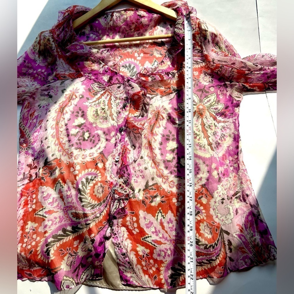 Elie tahari Pink  paisley print blouse Floral Ruffle Tie Front Long Sleeve Top - Picture 7 of 7